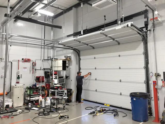 Richmond Heights Garage Door Repair certified technician performing commercial door repair at a Richmond Heights business facility