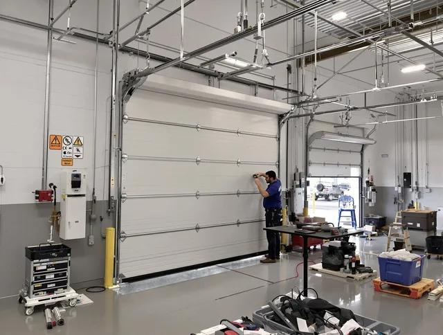 Commercial garage door repair being performed by Richmond Heights Garage Door Repair expert in Richmond Heights