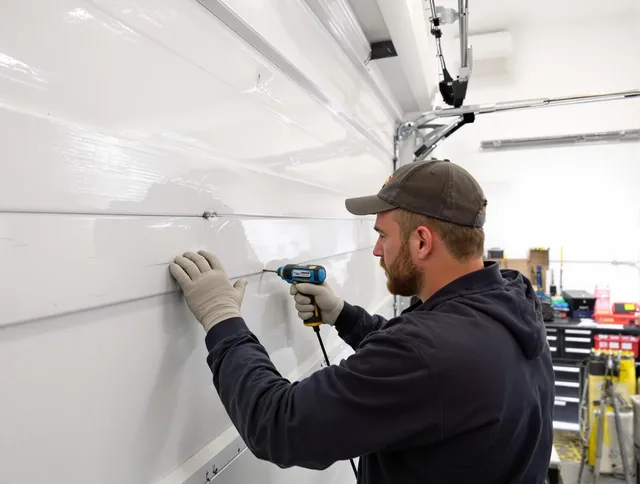 Richmond Heights Garage Door Repair technician demonstrating precision dent removal techniques on a Richmond Heights garage door