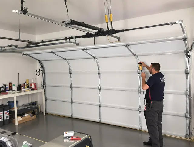 Richmond Heights Garage Door Repair certified technician performing overhead door system repair in Richmond Heights