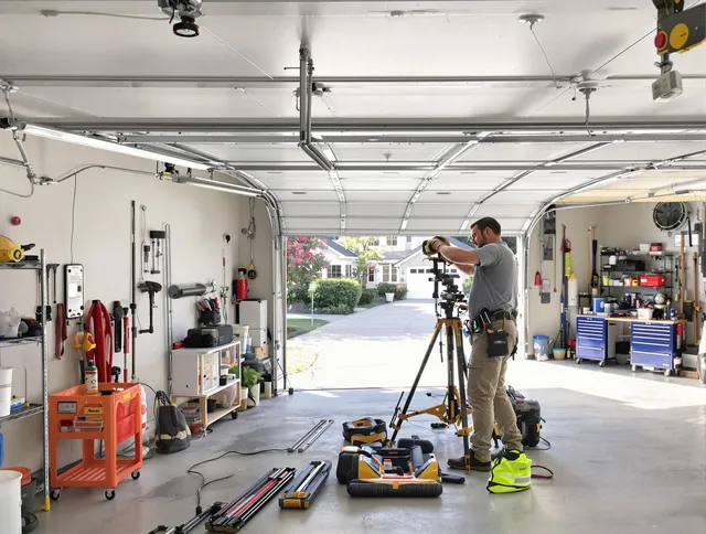 Richmond Heights Garage Door Repair specialist performing laser-guided track alignment in Richmond Heights